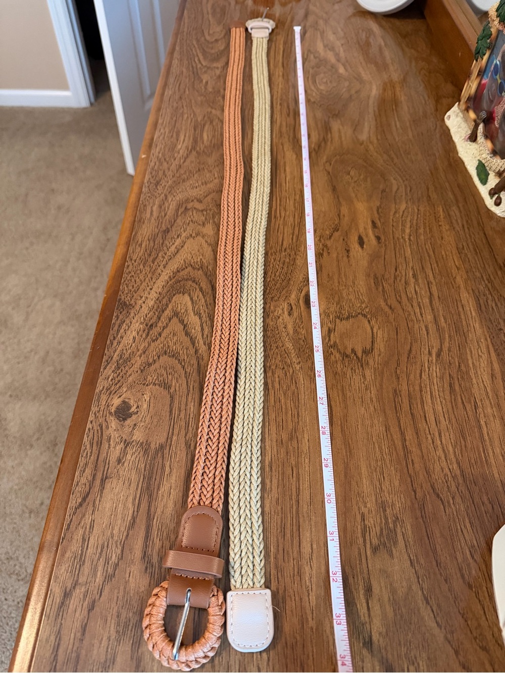 Braided Leather-Trim Elastic Waist Belt in Tan and Cream - set of 2